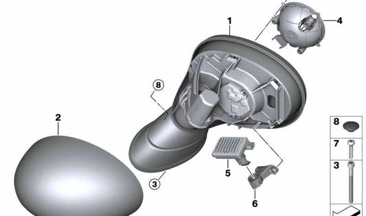 Espejo exterior derecho sin vidrio calefactable OEM 51167931886 para MINI Clubman F54 LCI (2018-2024). Original MINI.