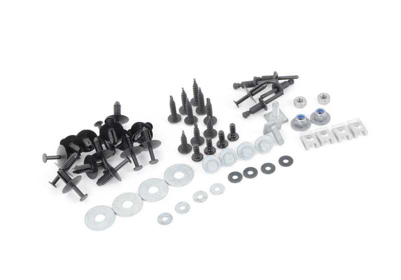 Kit de montaje paragolpes delantero OEM 51112293996 para BMW E46. Incluye tornillos, arandelas, tuercas, grapas y remaches necesarios. Original BMW.