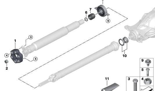 Rodamiento central aluminio OEM 26118858476 para BMW F07, F10, F11, F06, F12, F13, F01, F02, G05, G06, G07, G18. Compatible con versiones con tracción trasera y diferentes motorizaciones. Original BMW.