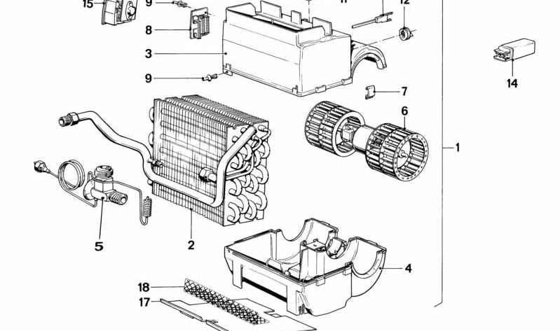 Evaporador de aire acondicionado OEM 64511372363 para BMW E28, E24. Repuesto original BMW.