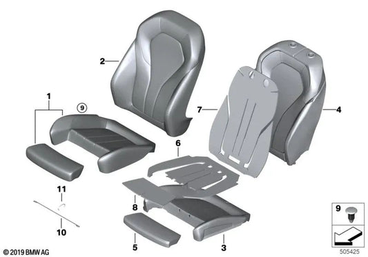 Funda de asiento sportivo de cuero negro OEM 52107457723 para BMW Serie 5 G30, G31, Serie 6 G32... y más. Original BMW.