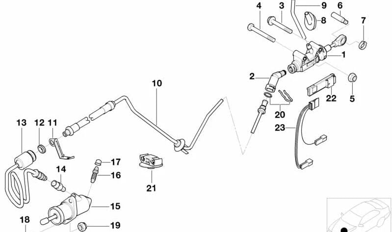 Cilindro receptor embrague OEM 21522282055 para BMW E39 M5. Compatible solo con modelos M5 con cambio manual. Medidas 22,2x23mm. Original BMW.