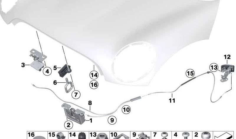 Cierre delantero OEM 51237008756 para MINI R55, R56, R57, R58, R59, R60, R61 y BMW E60, E61, E63, E64, E81, E82, E83, E84, E87, E88, E90, E91, E92, E93. Original MINI y BMW.