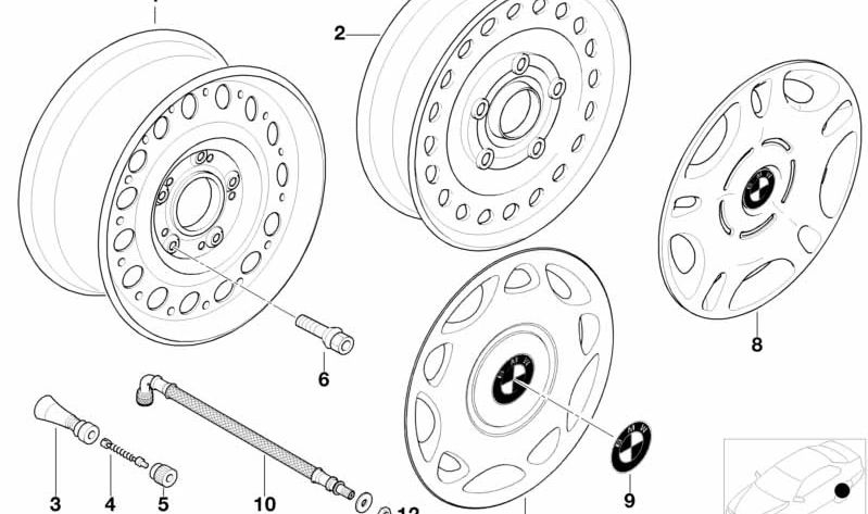 Tapacubos 15" OEM 36131094158 para BMW Serie 3 E36 con llanta de acero Styl. 12360092. Original BMW.