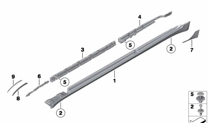 Rear left side sill support bar for BMW 7 Series F01, F04 (OEM 51777187103). Original BMW