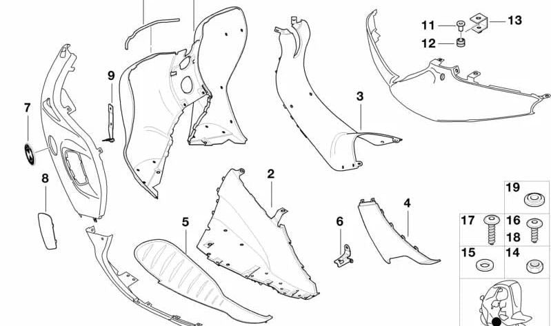Cubierta lateral de rodilla OEM 46632328879 para BMW Motorrad C1 (C101911ZY, C101921ZY). Original BMW Motorrad.