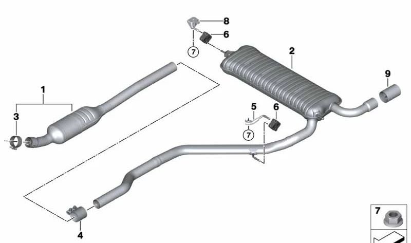 Silenciador trasero OEM 18308638002 para BMW F45, F45N. Pieza original BMW.