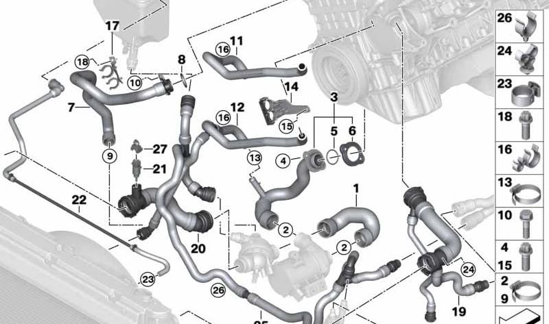 Tubo intercambiador de calor aceite motor OEM 11537519494 para BMW E81, E82, E87, E88, E90, E91, E92, E93, E60, E61, E63, E64, E84, E83, E85, E86, E89. Original BMW.