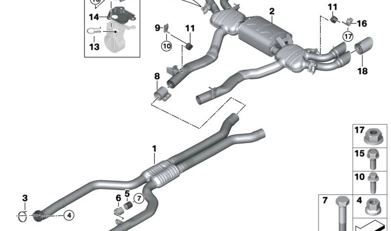 Soporte de goma escape OEM 18308657332 para BMW G87, G21, G80, G81, G82, G83, G11, G12, G05, G18, F95, G06, F96, G07. Original BMW.