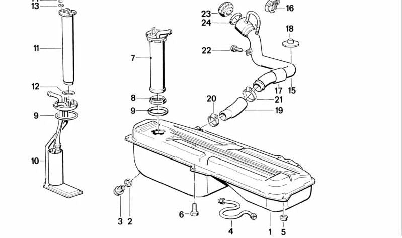Bomba de combustible con sistema de aspiración OEM 16141179414 para BMW E30 318i (modelos con motor M10, cambio manual y automático, años 1982–1987). Original BMW.