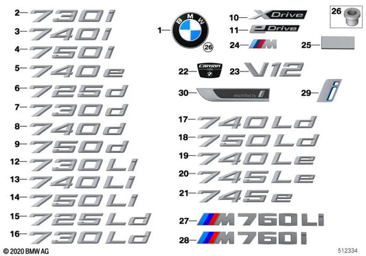 Rear lettering "740i" OEM 51147376811 for BMW 7 Series G11, G12, G11 LCI, G12 LCI (2014-2022). Genuine BMW.