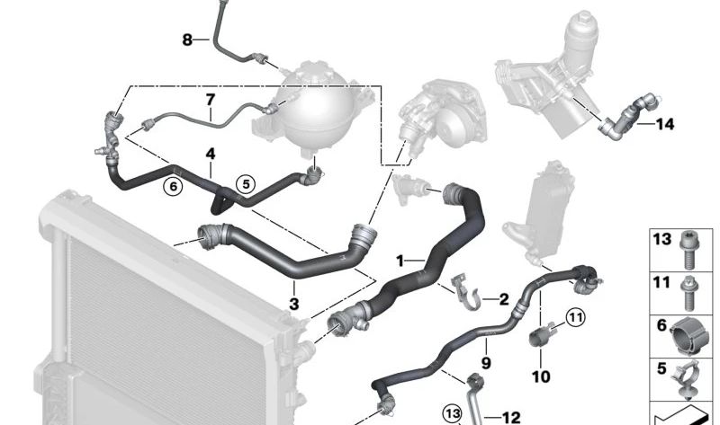 Manguera del radiador refrigerante OEM 17128577063 para BMW G01, G02. Compatible con modelos X3 y X4 diésel. Pieza original BMW para el sistema de refrigeración del motor.