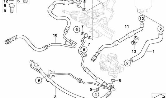 Tubo de retorno de dirección asistida OEM 32416774484 para BMW E60, E60N, E61, E61N, E63, E63N, E64, E64N. Original BMW.