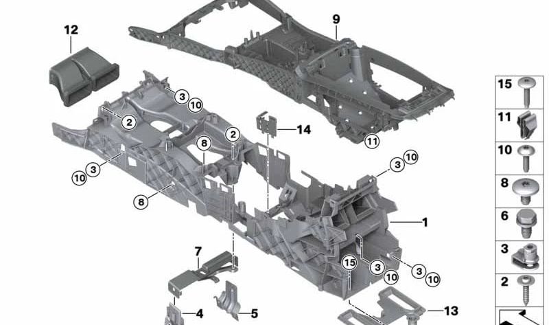 Soporte consola central OEM 51169142133 para BMW F07 (520d, 528i, 530d y variantes). Compatible con modelos de tracción trasera y automático. Original BMW.