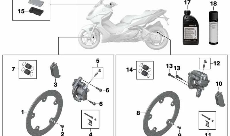 Juego de reparación asiento de freno delantero OEM 34118524941 para motos BMW C 600 Sport, C 650 Sport, C 650 GT, C evolution. Original BMW Motorrad.