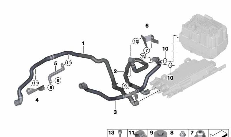 Tubo de refrigerante hacia radiador OEM 17128602621 para BMW G30, G11, G12, 530e, 530e xDrive. Compatible con motores híbridos. Original BMW.