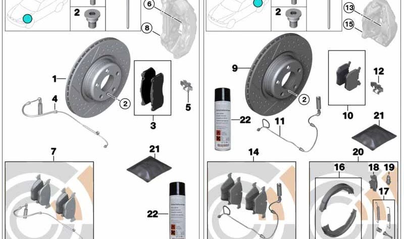 Kit de reparación de pastillas de freno sin amianto para BMW Serie 1 E82, E88 (OEM 34216797863). Original BMW