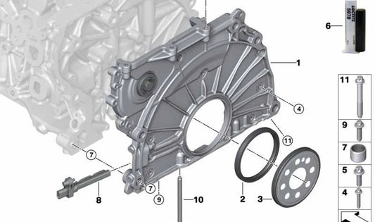 Tapa de cadena de distribución OEM 11148576066 para BMW F20, F21, F22, F23, F30, F31, F34, G20, G22, G26, F32, F33, F36, G30, G31, G38, G32, G11, G12, G01, G08, G02. Original BMW.