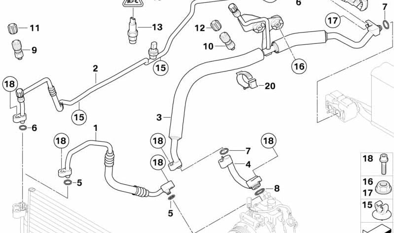 Tubo de aire acondicionado (conexión condensador-evaporador) OEM 64509181854 para BMW E60, E61 520d. Original BMW.