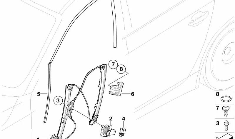 Guida alla finestra sinistra OEM 51337033799 per BMW E60, E60N, E61, E61N. Sostituzione BMW originale.