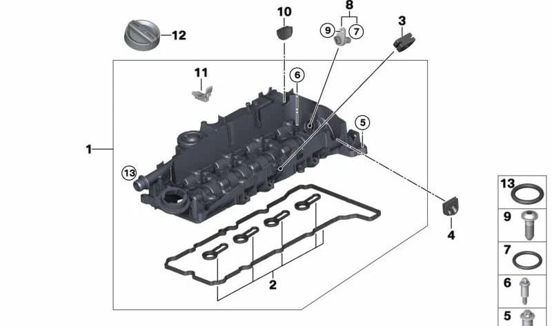 Cylinder head cover for BMW 1 Series F20N, F21N, 2 Series F22, F23, 3 Series F30, F31, F34, 4 Series F32, F33, F36, 5 Series F10N, F11N, G30, G31, 7 Series G11, G12, X3 F25, G01, X4 F26, G02, X5 F15 (OEM 11128581798). Original BMW