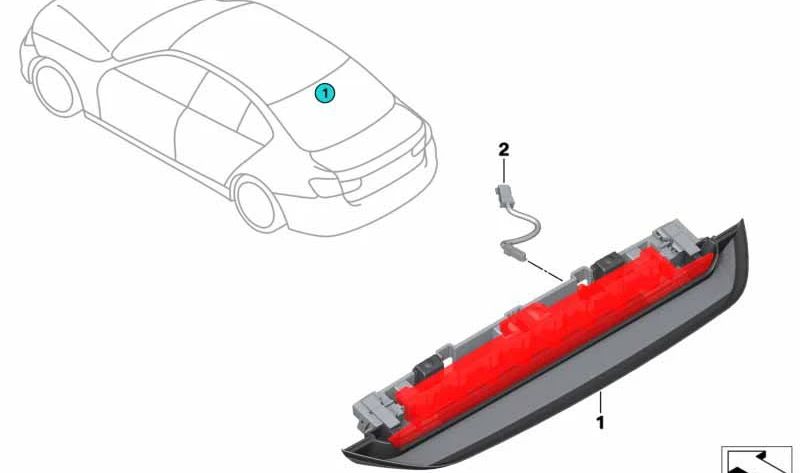 Tercera luz de freno OEM 63257378898 para BMW F52. Sustituye la luz superior del portón trasero. Compatible con BMW Serie 1 Sedán F52. Original BMW.