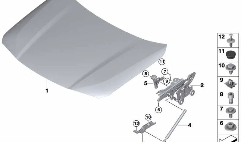 Dobradiça dianteira direita do capô OEM 41007427126 para BMW X1 F48, X1 F48 LCI, X2 F39. BMW genuíno.