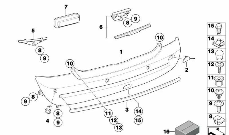 Paragolpes trasero imprimado OEM 51126800219 para MINI R50 One y Cooper (2001-2006). Compatible con versiones 1.4i y 1.6i, cambio manual y automático. Recambio original MINI.