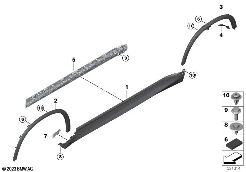 Left threshold support piece for BMW F95, G05 (OEM 51777425459). Original BMW.