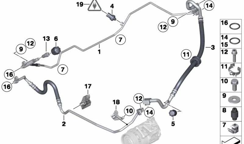Soporte de tubería compresor aire acondicionado OEM 64539132483 para BMW E82, E88, E90, E90N, E91, E91N, E92, E92N, E93, E93N, E89. Original BMW.