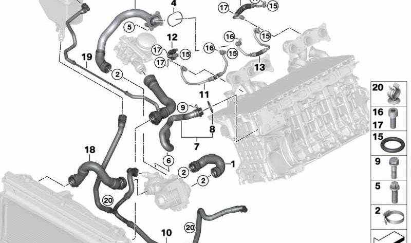 Manguito del radiador OEM 17127560973 para BMW E60, E61, 525d, 530d, 535d. Compatible con motores diésel. Original BMW.