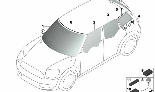 Lateral glass left back door OEM 51357433093 for Mini Countryman F60, F60 LCI. Original Mini.