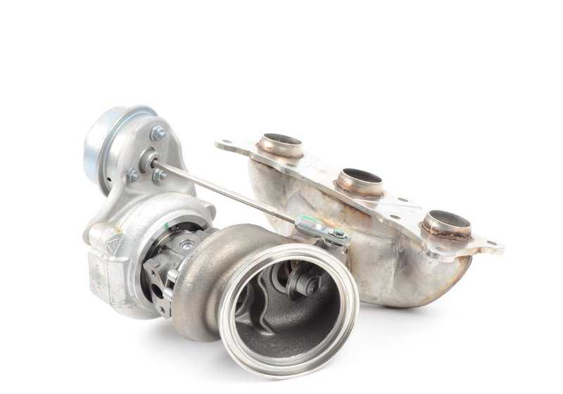 Turbocompresor con colector de escape OEM 11657593022 para BMW F01, F02, E71 (740i, 740Li, X6 xDrive35i). Repuesto original BMW. Compatibles con motor N54 y cambio automático.