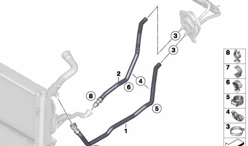 Manguera de conexión radiador-motor OEM 64219208169 para BMW F20, F21, F22, F23, F30, F31, F32, F33, F34, F36. Original BMW.