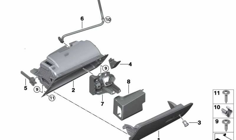 Tapa del guantera en cuero OEM 51169502939 para BMW X5 F95, F95N y X6 F96, F96N. Color Silverstone. Repuesto original BMW.