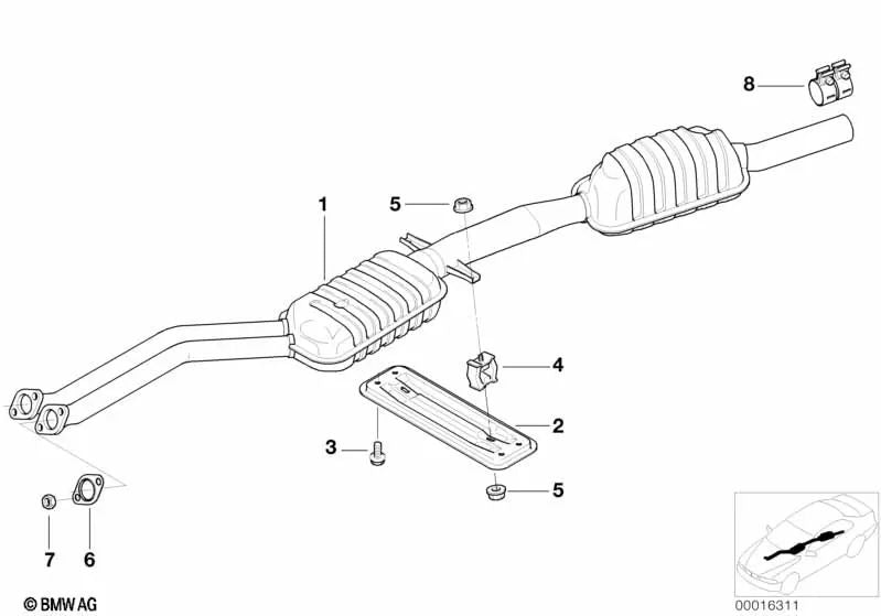 Silencioso previo OEM 18301437600 para BMW Serie 3 E46 (320i, 323i). Original BMW.