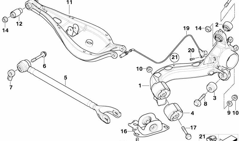Brazo longitudinal trasero derecho OEM 33322229686 para BMW E46 M3 (2000-2006). Original BMW.
