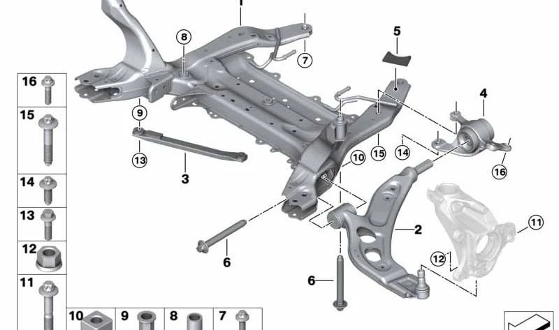 Soporte brazo de suspensión con silentblock izquierdo OEM 31128837853 para BMW F40 y MINI F56. Original BMW y MINI.