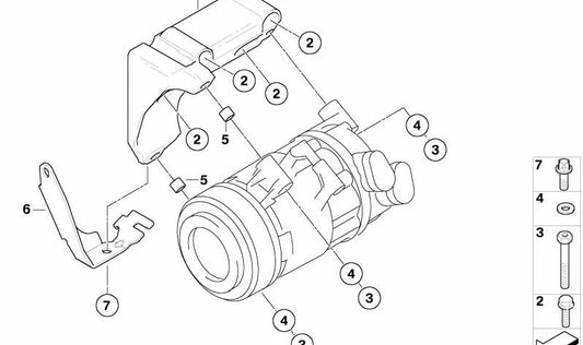 OEM air conditioning compressor support 64557566125 for BMW E81, E82, E87, E87N, E88, E90, E90N, E91, E91N, E92, E92N, E93, E93N. Original BMW.