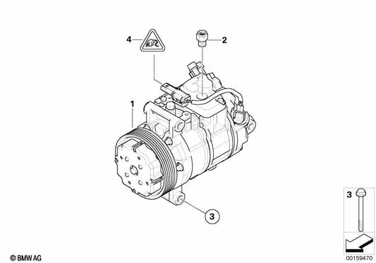 Klimaanlagenkompressor mit magnetischer Kupplung für BMW E81, E82, E87N, E88 Serie 3 E90, E90N, E91, E91N, E92, E92N, E93, E93N Serie 5 E60N, E61N x1 E84 (OEM 645269862). Original BMW.