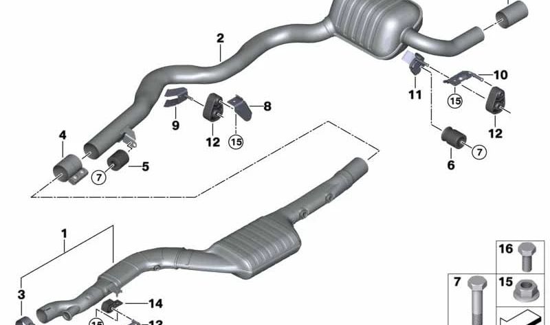 Soporte trasero derecho del tubo de escape OEM 18308595809 para BMW F31, F34, F32, F33, F36. Original BMW.