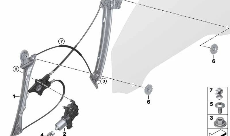 Elevatore della finestra senza motore anteriore destro OEM 51337352748 per BMW F32, F33, F82, F83. BMW originale.