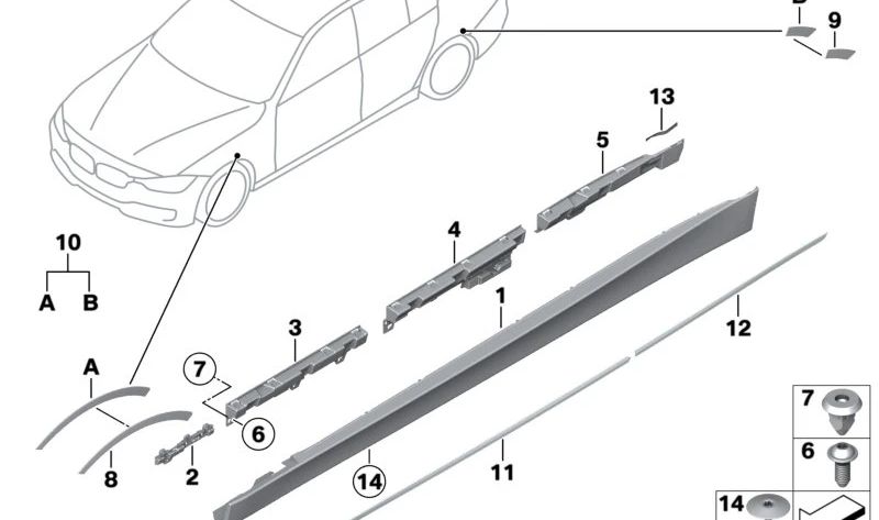 Soporte lateral izquierdo OEM 51777240873 para BMW F20, F20N, F21, F21N, F22, F22N, F23, F23N, F30, F30N, F31, F31N, F35, F35N. Original BMW.