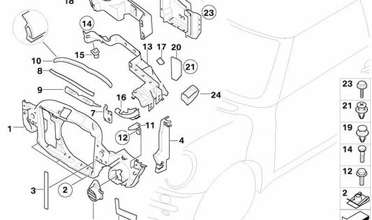 Junta pared delantera lado izquierdo OEM 51717042997 para MINI R50, R52, R53. Original MINI.