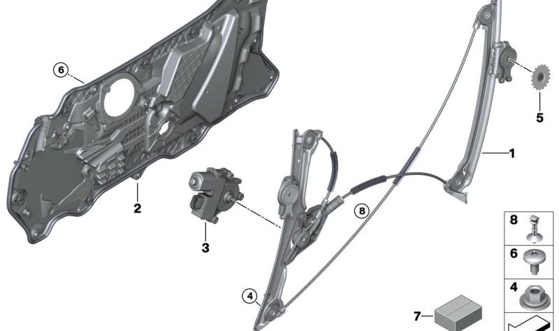 Elevalunas delantero izquierdo sin motor OEM 51338497027 para BMW F91, F92, G14, G15. Original BMW.