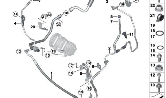 Air conditioning pressure pipe support OEM 64502755879 for MINI R56, R55, R57, R58, R59, R60, R61... and more. Original MINI.