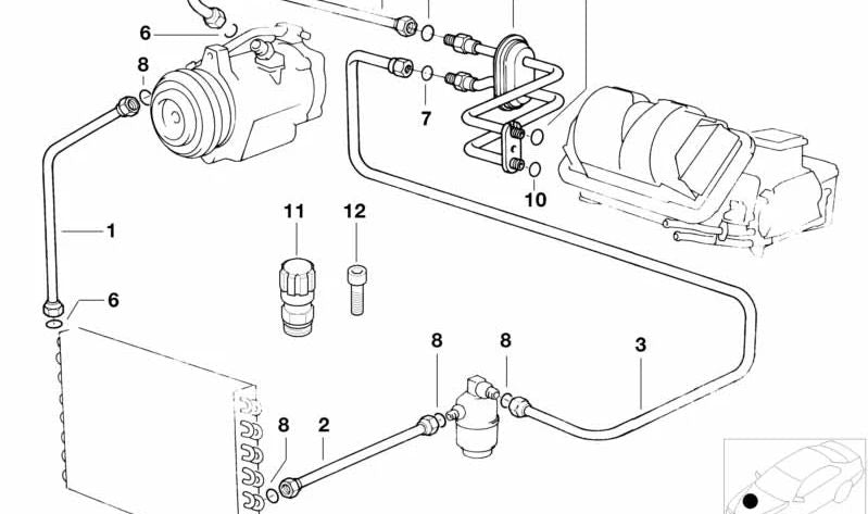 Evaporator-compressor suction pipe OEM 64538390785 for BMW 3 Series E36 316i, 318i. Genuine BMW.