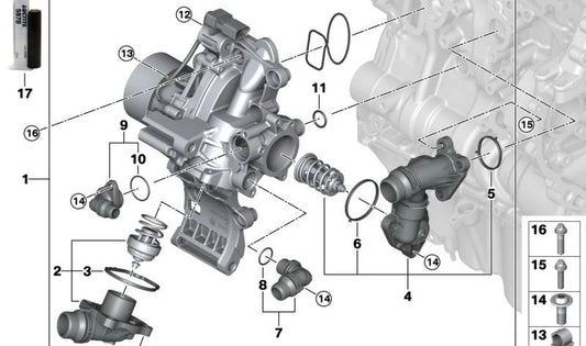 Termostato principale OEM 11518490616 per BMW F70 (118d, 120d) e BMW F74/U06 (218d, 220d). Compatibile con i motori diesel B47L. BMW originale.