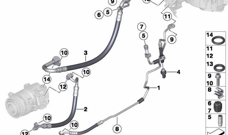 Tubo de alta presión de aire acondicionado OEM 64539228241 para BMW X3 F25 y X4 F26. Conexión compresor-condensador. Original BMW.