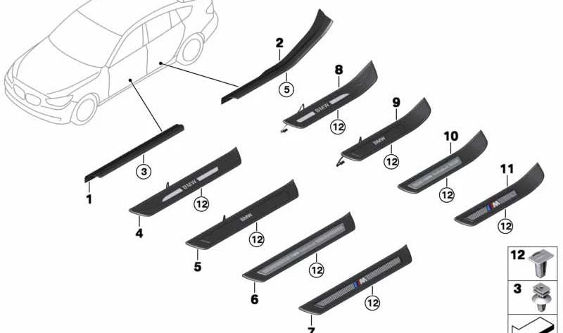 Moldura interior del umbral de puerta trasera derecha OEM 51479167362 para BMW F07. Original BMW.